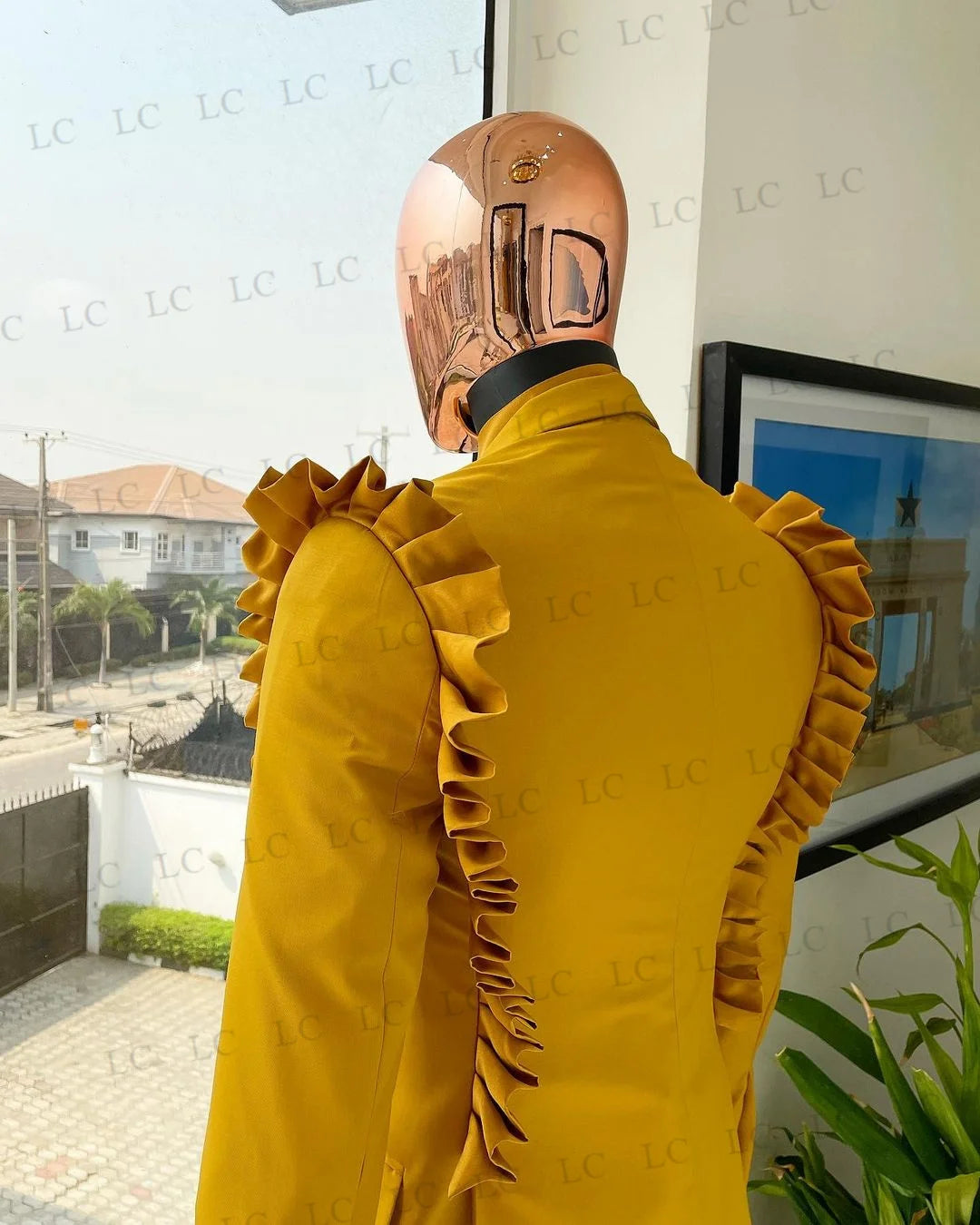 Men's Mustard Double-Breasted Suit with Ruffle Shoulder Detail and Matching Trousers