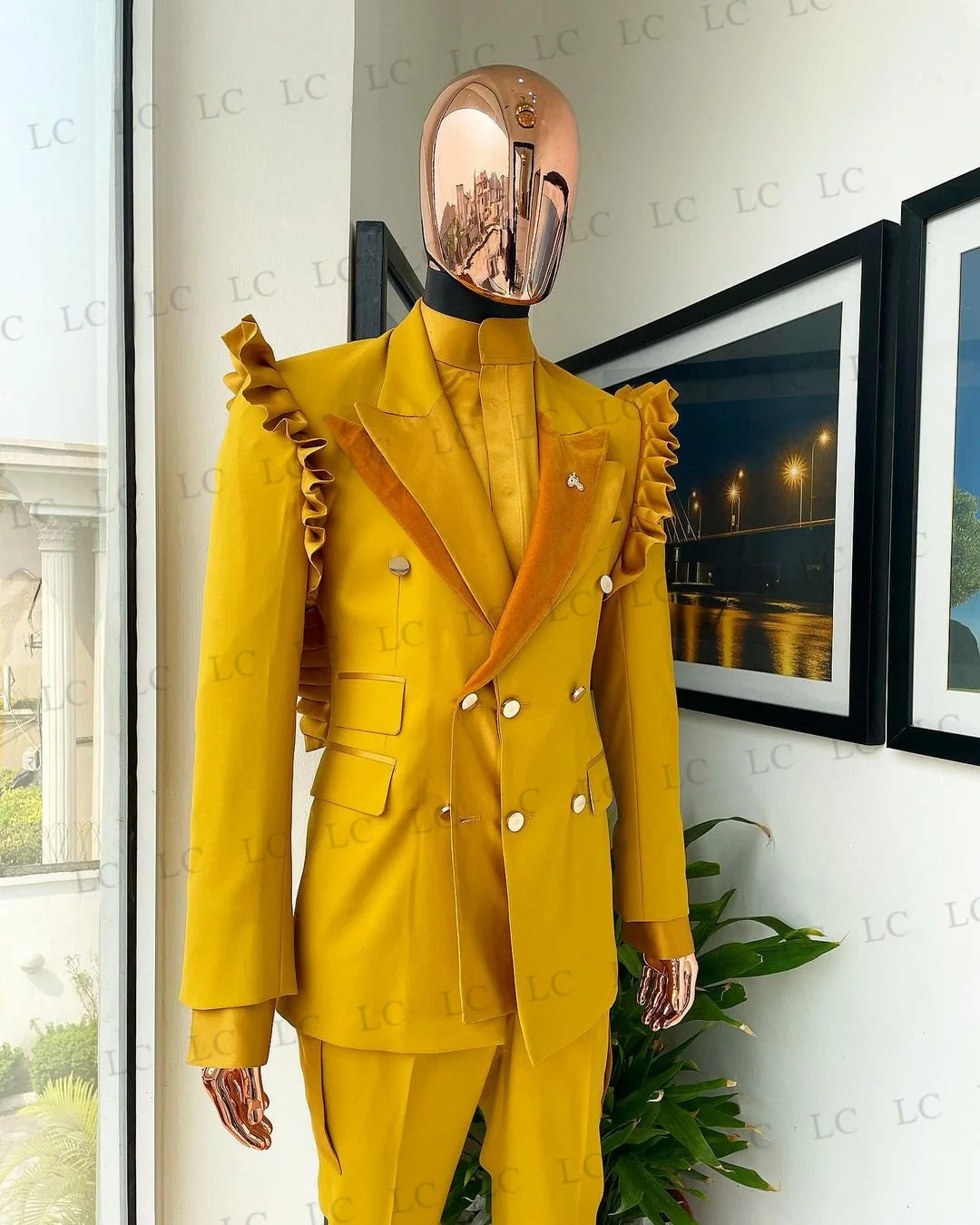 Men's Mustard Double-Breasted Suit with Ruffle Shoulder Detail and Matching Trousers