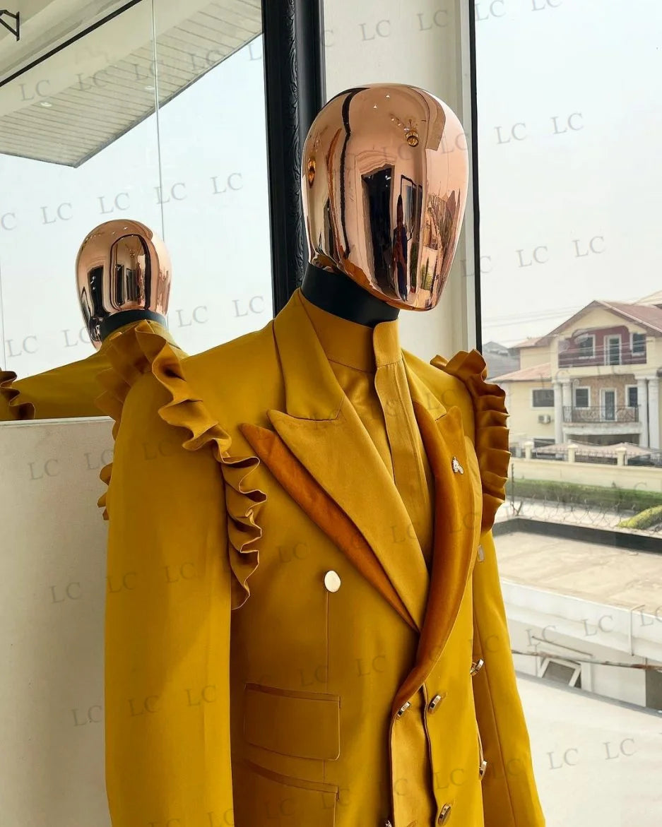 Men's Mustard Double-Breasted Suit with Ruffle Shoulder Detail and Matching Trousers