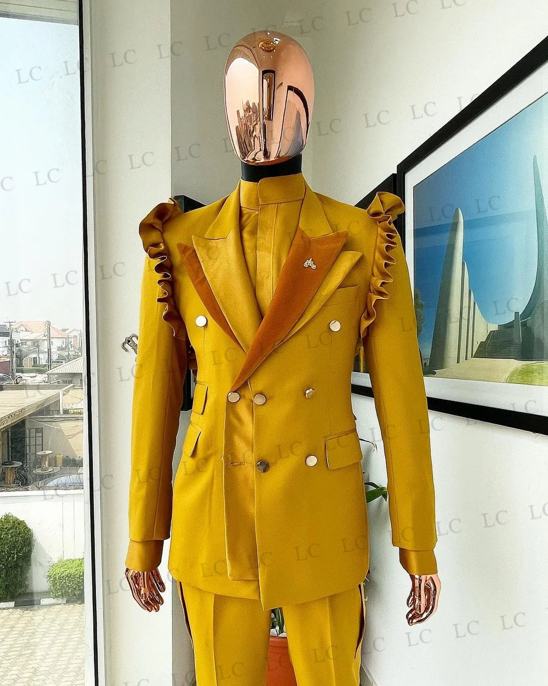 Men's Mustard Double-Breasted Suit with Ruffle Shoulder Detail and Matching Trousers