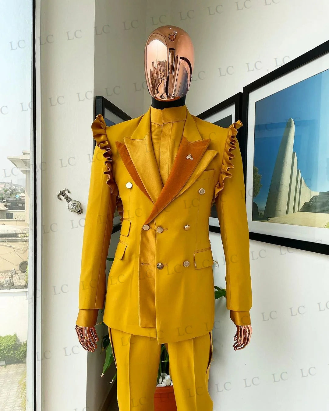 Men's Mustard Double-Breasted Suit with Ruffle Shoulder Detail and Matching Trousers