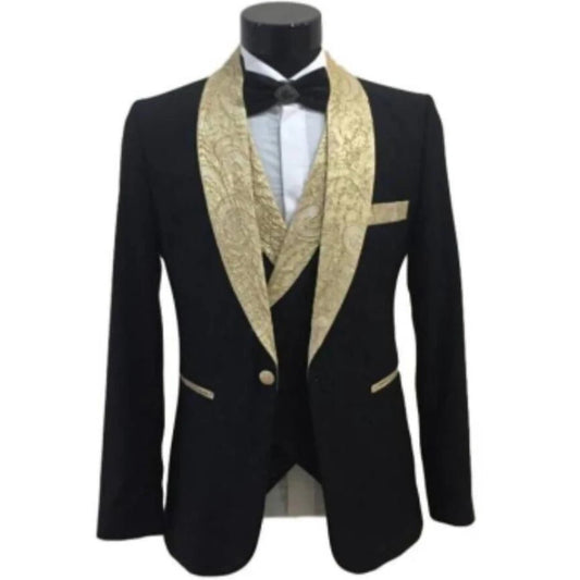 Men Suits 3 Piece Chic Gold Floral Shawl Lapel Black Slim Fit Blazer Wedding Prom Party Tuxedo Suits