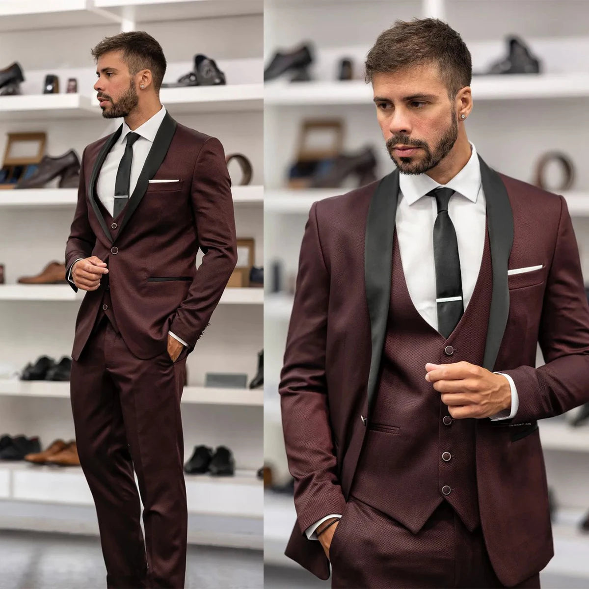 Men Suits Burgundy Slim Fit 3 Pieces Wedding Groom Wear Best Men Tuxedos Costume Homme  Jacket Pants Vest