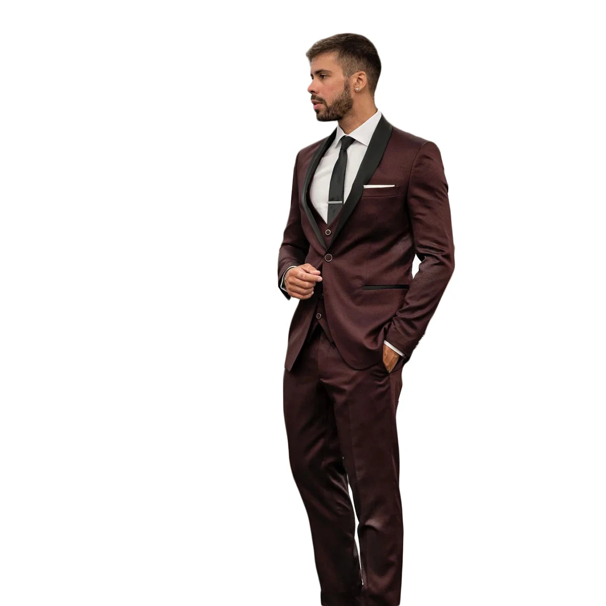 Trajes de hombre burdeos de corte entallado de 3 piezas para boda, esmoquin para novio, chaqueta, pantalón y chaleco. 