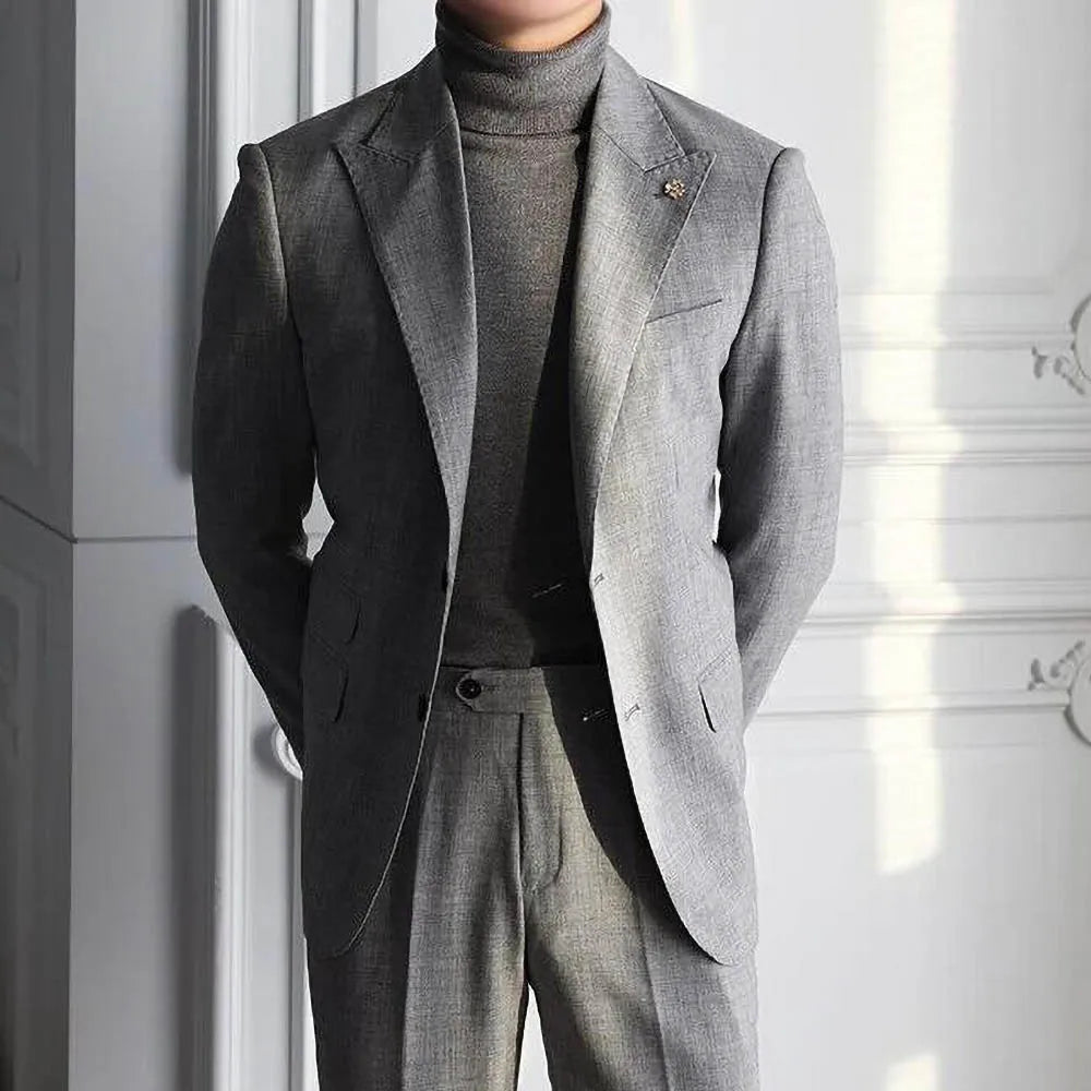 Trajes de hombre gris con solapa de pico, blazer de un solo pecho, esmoquin de boda informal elegante, traje masculino personalizado, corte entallado, 2 piezas