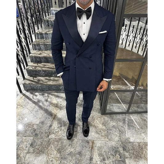 Fashion Men Suits Solid Color Bespoke Double Breasted Split Blazer Peak Lapel Regular Length Slim Fit Male Clothing Costume