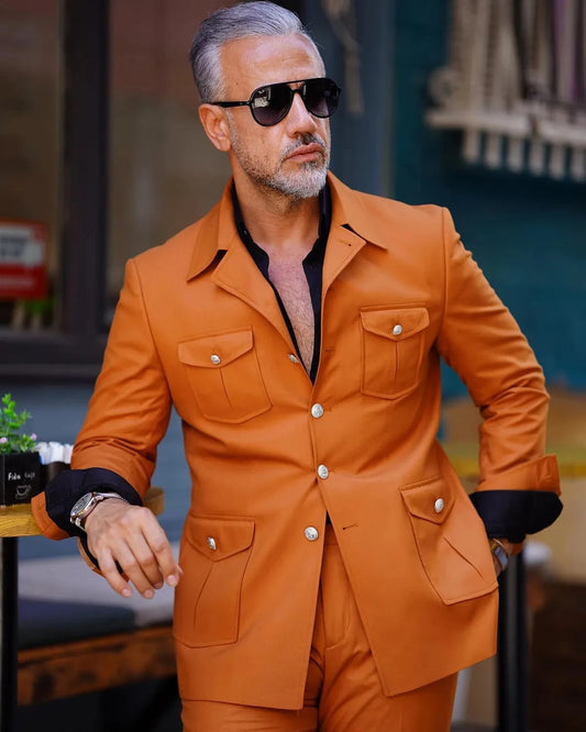 Costume de mariage orange pour homme, 2 pièces, veste décontractée, pantalon, blazer à quatre poches, sur mesure 