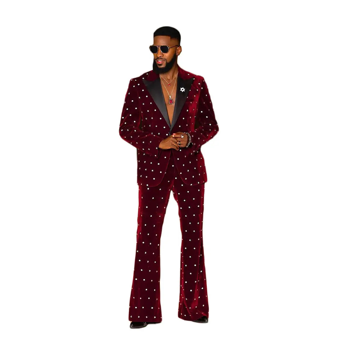 Men's Velvet Wedding Tuxedo with Crystal Accents, Custom Made 2-Piece Blazer and Pants for Groom and Prom