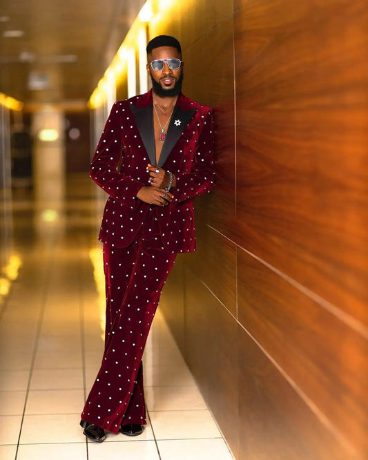 Glamorous Men's Velvet Wedding Tuxedo with Crystal Accents - Custom Made 2-Piece Blazer and Pants Set for Stylish Grooms and Prom Events