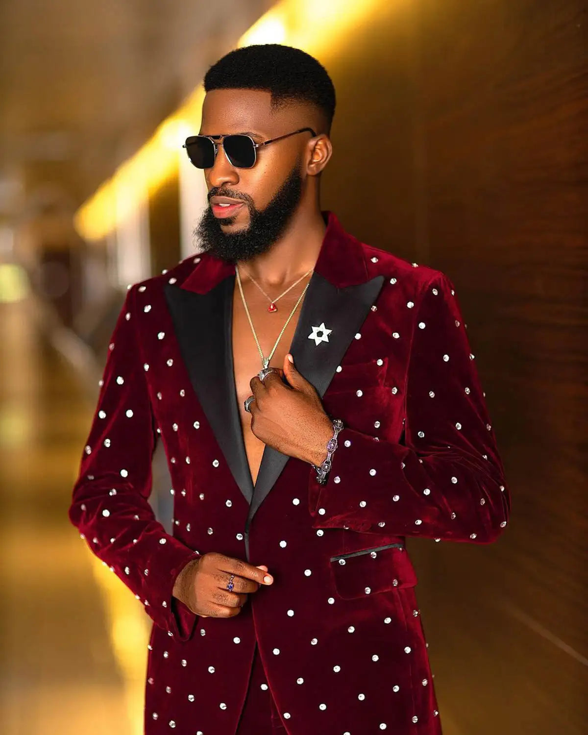 Men's Velvet Wedding Tuxedo with Crystal Accents, Custom Made 2-Piece Blazer and Pants for Groom and Prom