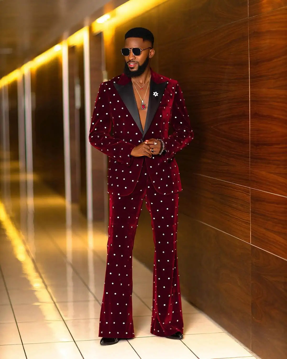 Men's Velvet Wedding Tuxedo with Crystal Accents, Custom Made 2-Piece Blazer and Pants for Groom and Prom
