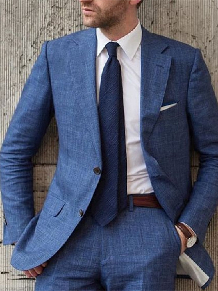 Men's Suit 2 Pieces Blazer Pants Single Breasted Peaked Lapel Business Linen Denim Wedding Groom Tailored Costume Homme
