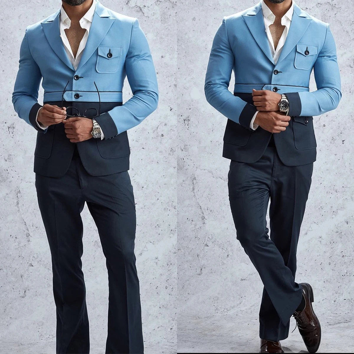 Fashion Men's Wedding Suit Contrast Color Tuxedos Peak Lapel Slim Fit Groom Wear Business Office 2 Pieces Jacket And Pants