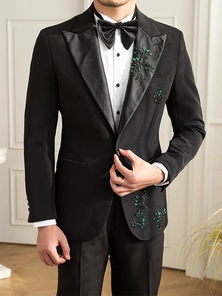Ensemble deux pièces blazer et veste brodés de diamants pour homme, coupe slim, costume formel pour spectacle, banquet et affaires