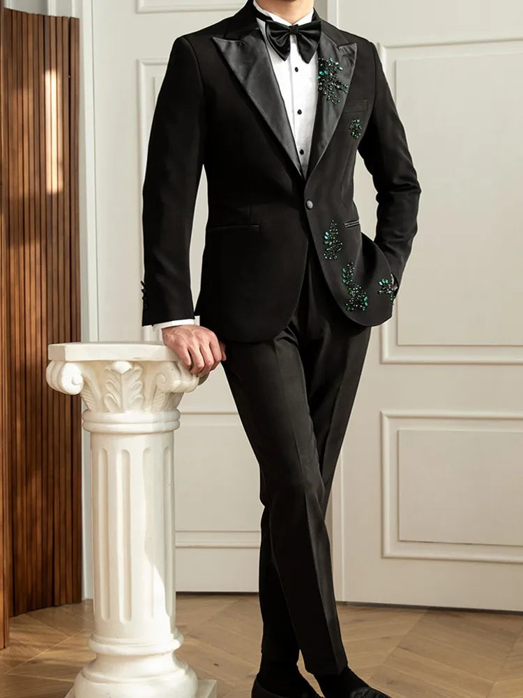Ensemble deux pièces blazer et veste brodés de diamants pour homme, coupe slim, costume formel pour spectacle, banquet et affaires