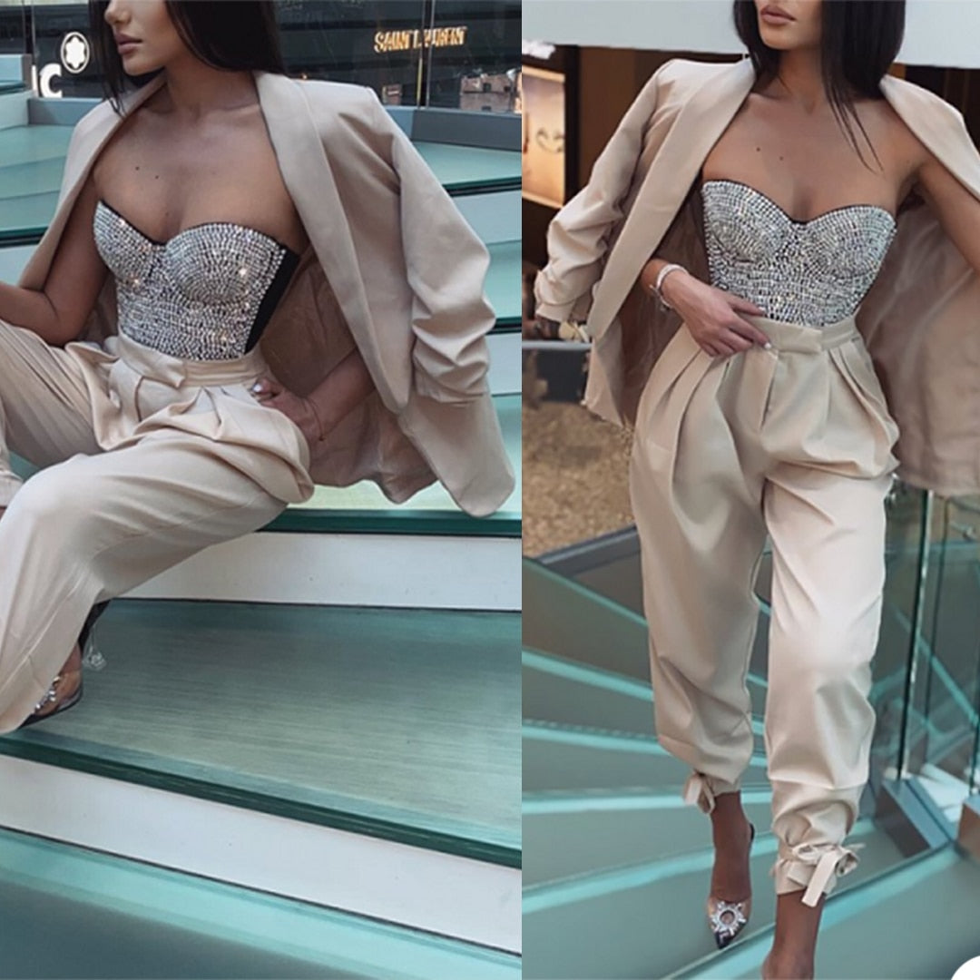 Ensemble 2 pièces pour femme, pantalon et blazer, tenue de soirée, de bal, de mariage, smoking 