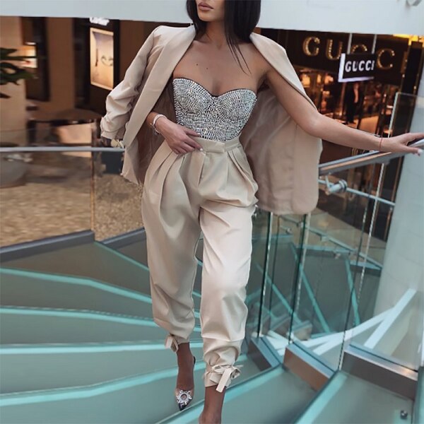 Ensemble 2 pièces pour femme, pantalon et blazer, tenue de soirée, de bal, de mariage, smoking 