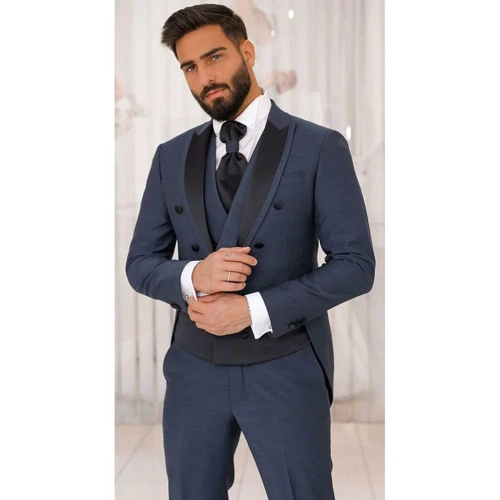 Traje azul marino ajustado de doble botonadura para hombre, 3 piezas, blazer, pantalón y chaleco, elegante conjunto informal para boda, formal y de trabajo.