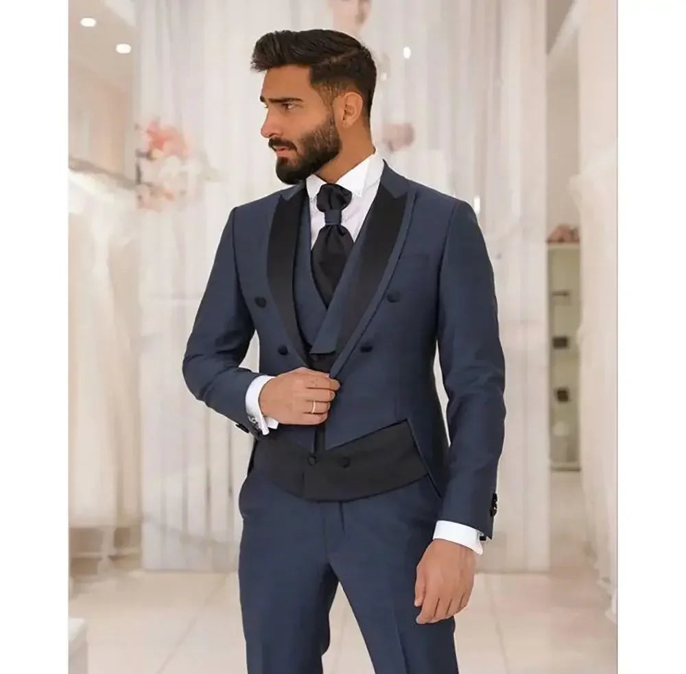 Traje azul marino ajustado de doble botonadura para hombre, 3 piezas, blazer, pantalón y chaleco, elegante conjunto informal para boda, formal y de trabajo.