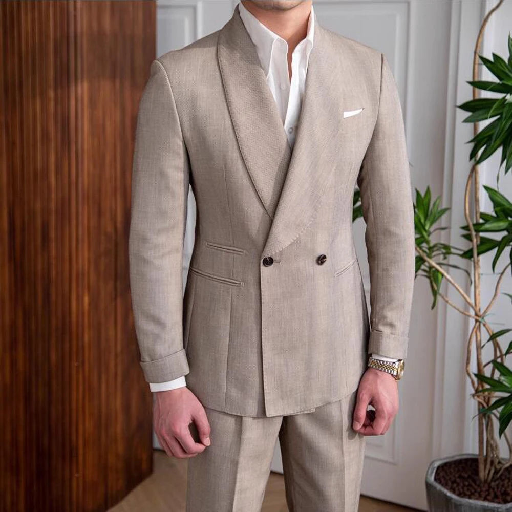 Costume 2 pièces en lin pour homme, nouvelle collection tendance, col châle, coupe cintrée, de haute qualité, pour soirée, bal, dîner