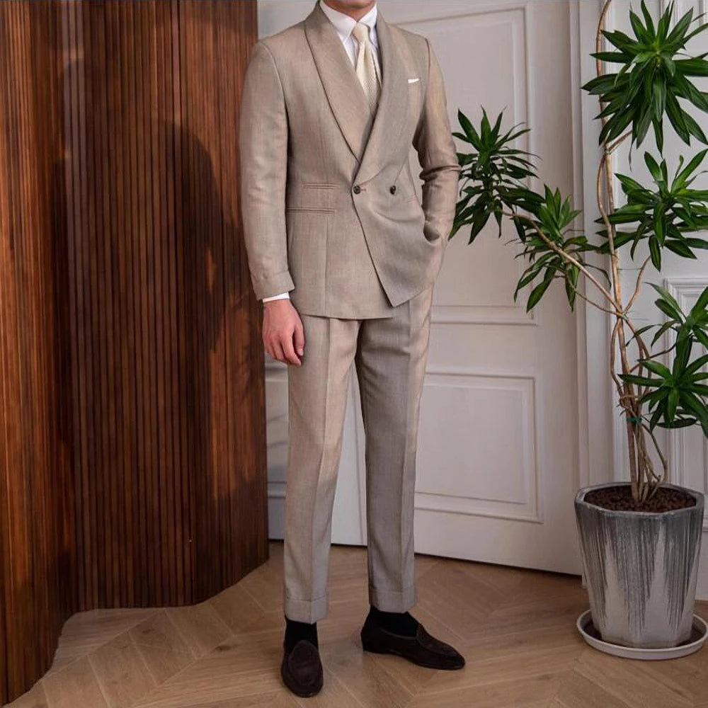 Costume 2 pièces en lin pour homme, nouvelle collection tendance, col châle, coupe cintrée, de haute qualité, pour soirée, bal, dîner