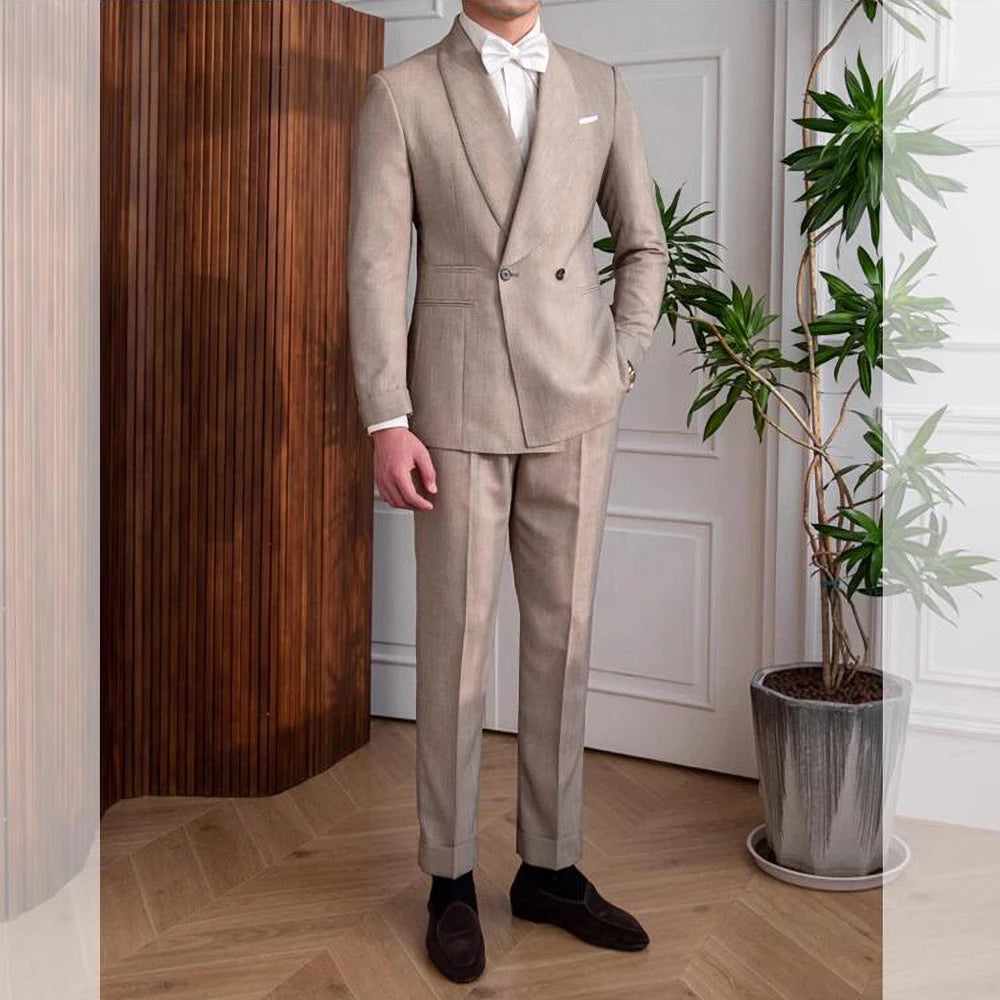 Costume 2 pièces en lin pour homme, nouvelle collection tendance, col châle, coupe cintrée, de haute qualité, pour soirée, bal, dîner