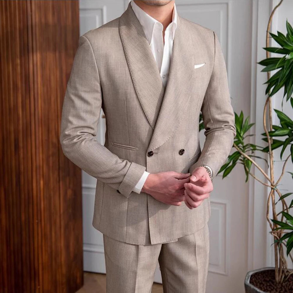 Costume 2 pièces en lin pour homme, nouvelle collection tendance, col châle, coupe cintrée, de haute qualité, pour soirée, bal, dîner