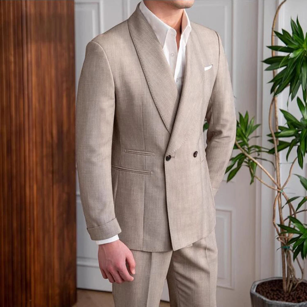 Costume 2 pièces en lin pour homme, nouvelle collection tendance, col châle, coupe cintrée, de haute qualité, pour soirée, bal, dîner