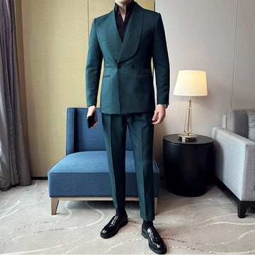 Fashion New Men's Suit (Jacket+Pant) 2 piece Set Double Breasted Large Flip Collar Wedding Groom Set Casual Party Tailcoat