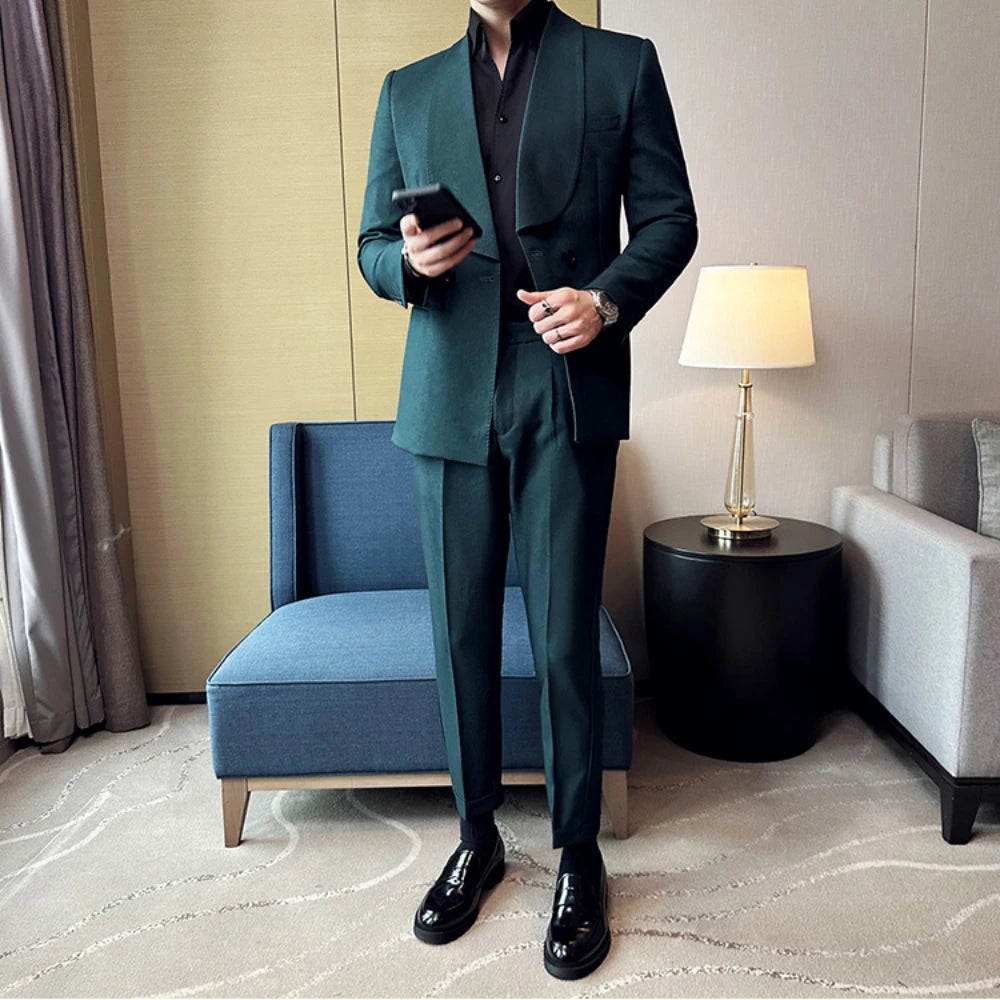 Traje de hombre nuevo de moda (chaqueta + pantalón), conjunto de 2 piezas, doble botonadura, cuello vuelto grande, conjunto de novio para boda, frac informal para fiesta