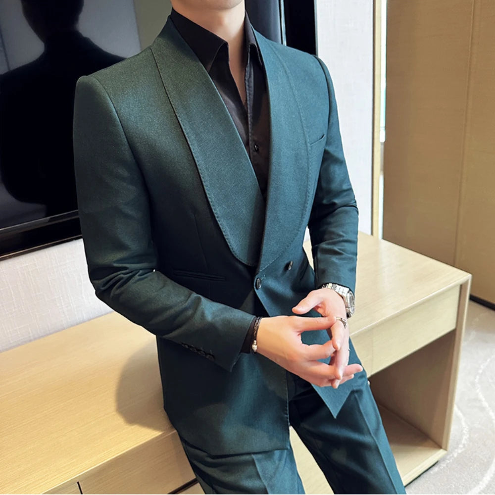 Fashion New Men's Suit (Jacket+Pant) 2 piece Set Double Breasted Large Flip Collar Wedding Groom Set Casual Party Tailcoat