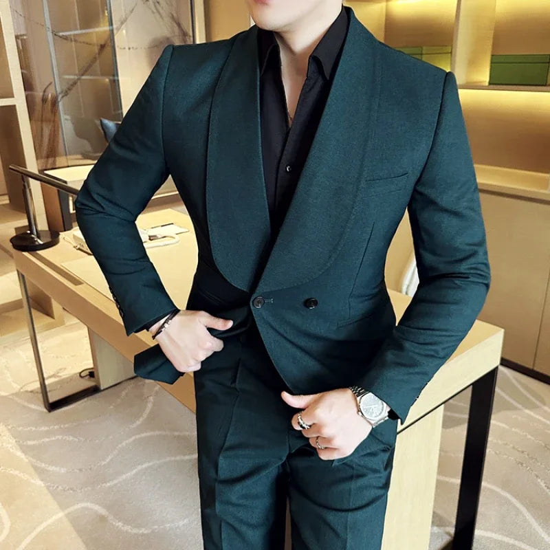 Fashion New Men's Suit (Jacket+Pant) 2 piece Set Double Breasted Large Flip Collar Wedding Groom Set Casual Party Tailcoat