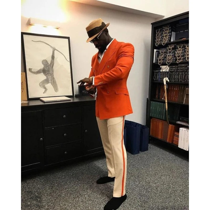 Costume 2 pièces orange tendance pour homme (veste + pantalon), smoking décontracté pour mariage, bal de promo, soirée