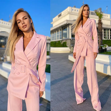 Fashion Pink Women Suits Simple Peaked Lapel Jacket With Belt 2 Pieces Wide Legs Pants Blazer Daily Casual Wear Coat