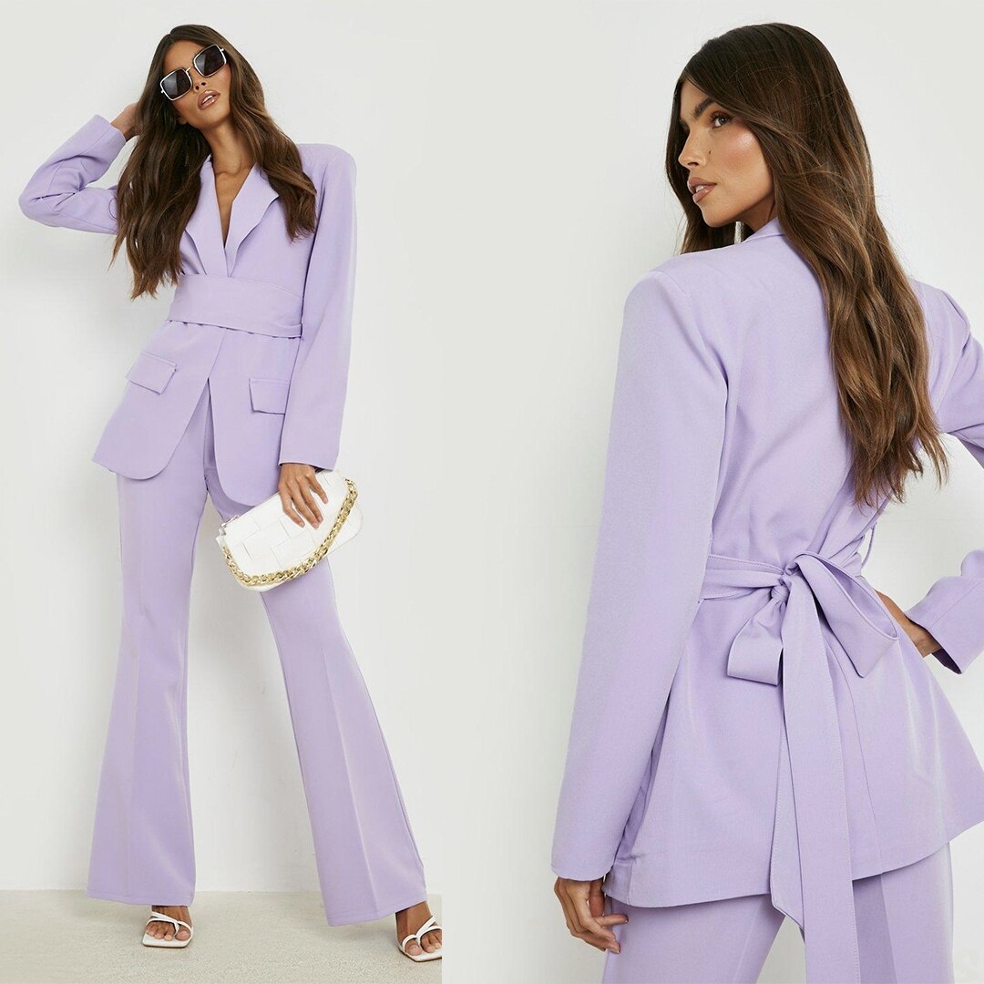 Ensemble de costumes violets pour femmes, coupe slim, blazer super long, jambes larges, sur mesure, robe de soirée, de bal, pour le bureau 