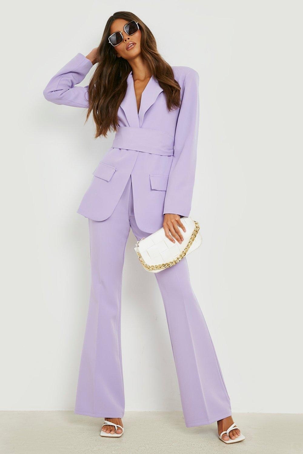 Ensemble de costumes violets pour femmes, coupe slim, blazer super long, jambes larges, sur mesure, robe de soirée, de bal, pour le bureau 