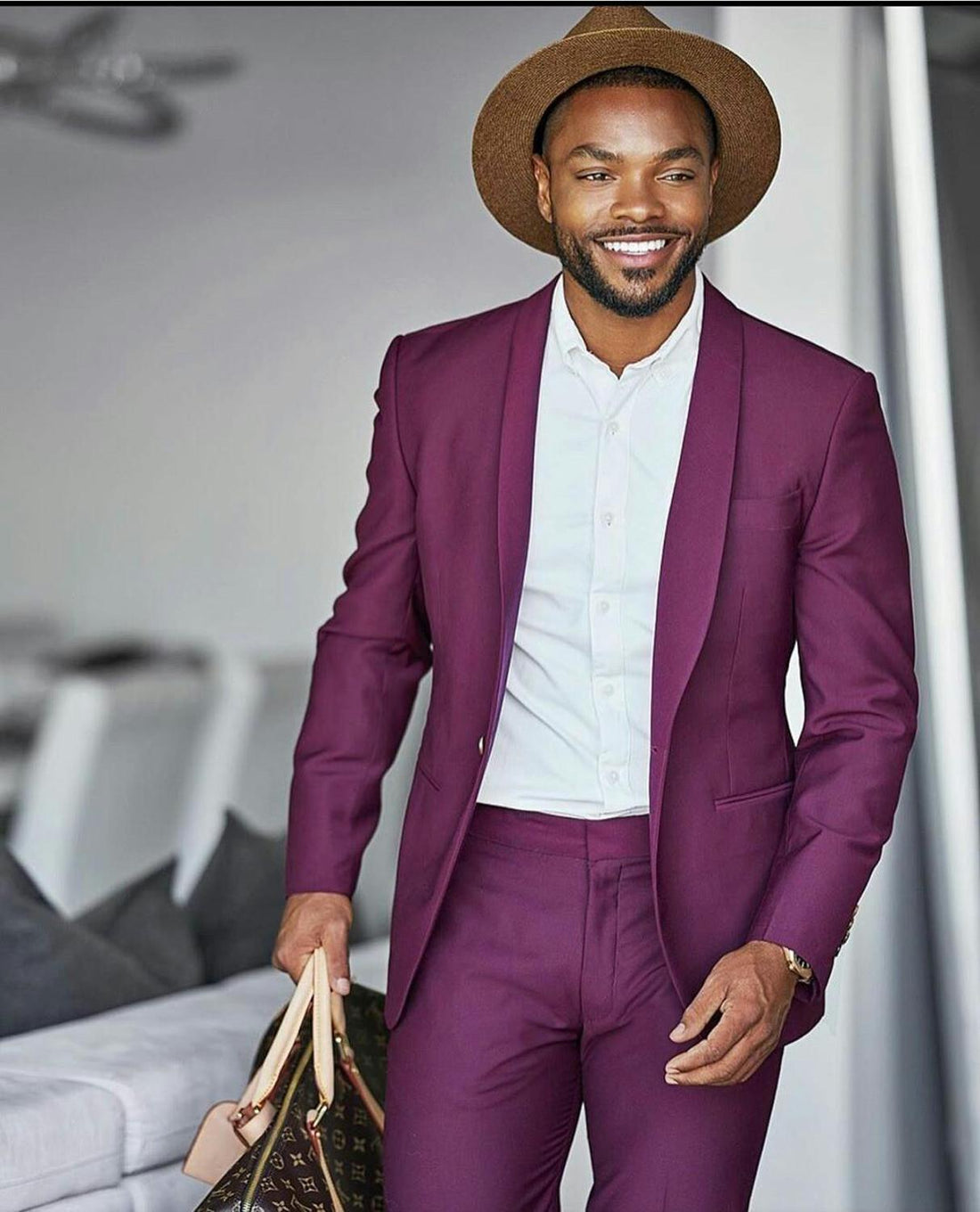 Purple Wedding Tuxedos 2 Pieces Slim Fit One Button Shawl Lapel Groom Wear Party Prom Best Men Blazer Suit(Jacket+Pant)