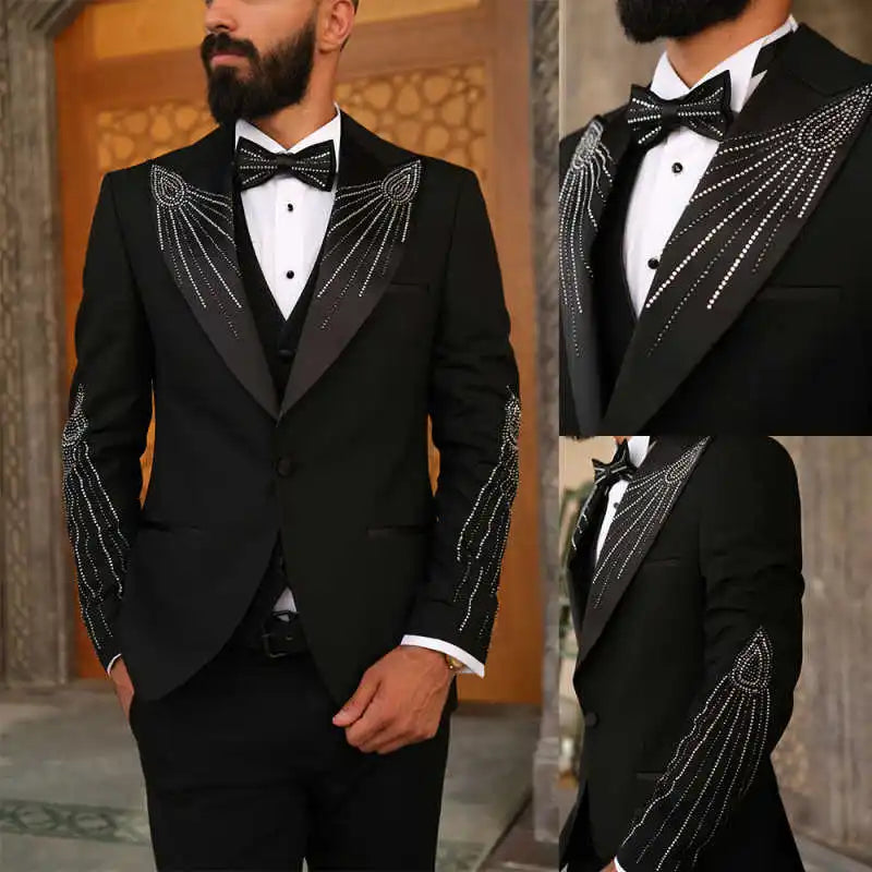 Trajes de boda para hombre con diamantes de imitación, esmoquin de un solo pecho, chaqueta de 3 piezas, pantalones, chaleco, traje de fiesta de negocios personalizado