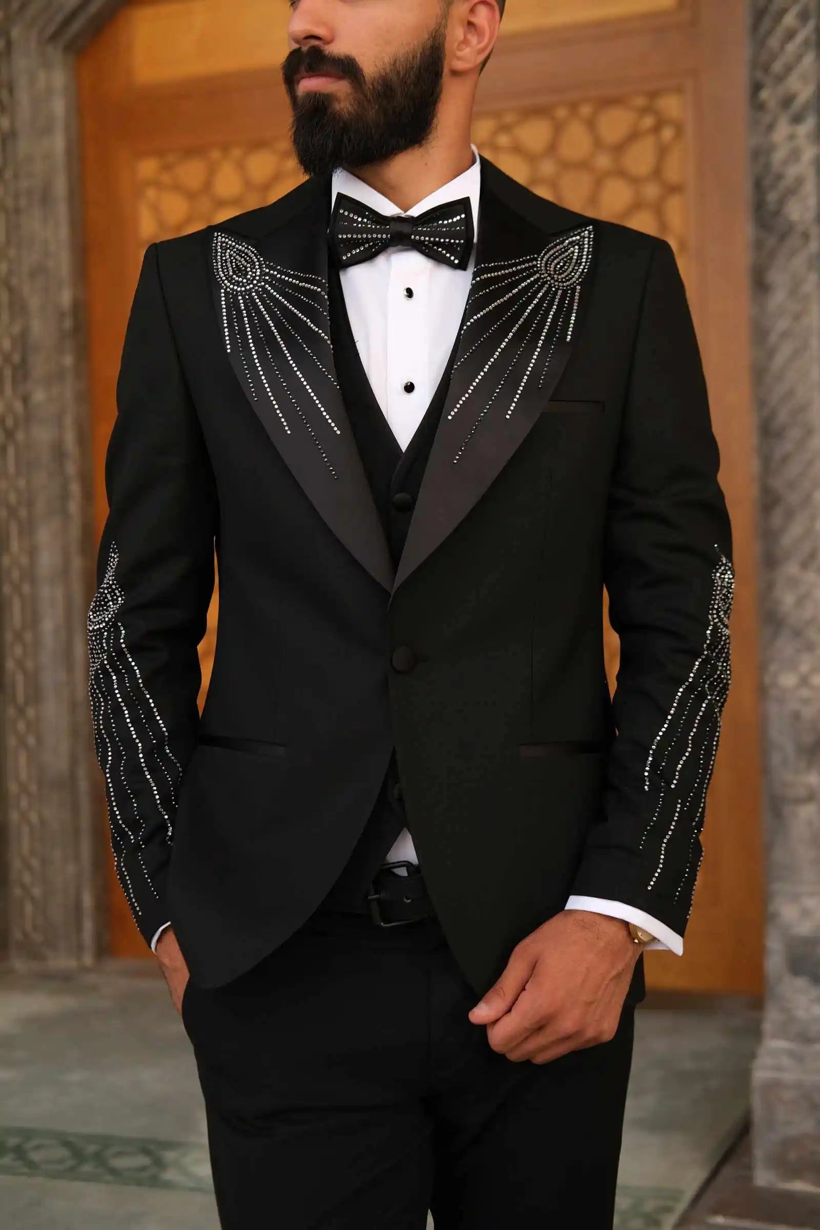 Trajes de boda para hombre con diamantes de imitación, esmoquin de un solo pecho, chaqueta de 3 piezas, pantalones, chaleco, traje de fiesta de negocios personalizado