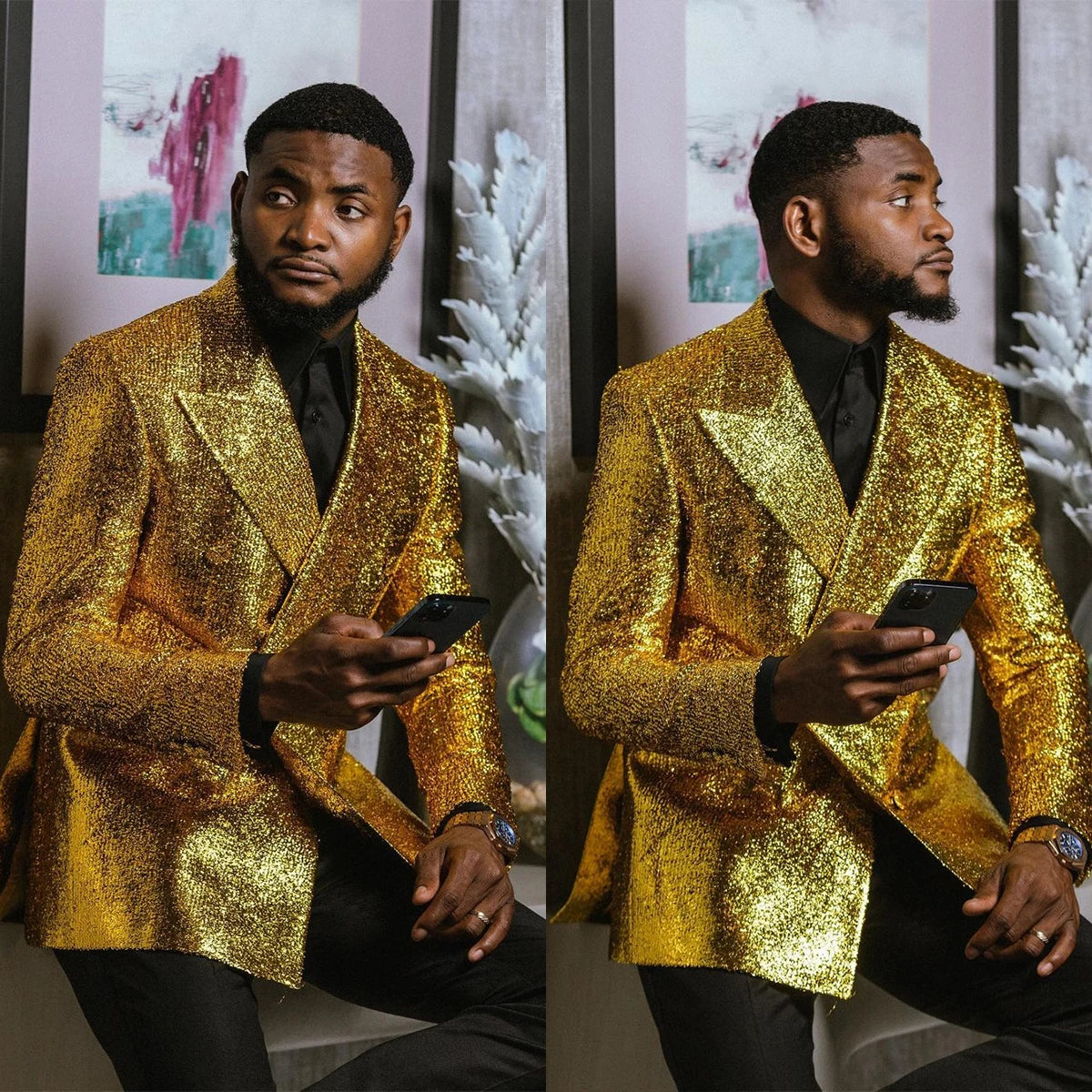 Trajes de hombre dorados brillantes de moda, nuevos y cómodos, hechos a medida, para novio, 2 piezas, abrigo, pantalón negro, para ocasiones formales, fiestas, cantantes, disfraces.