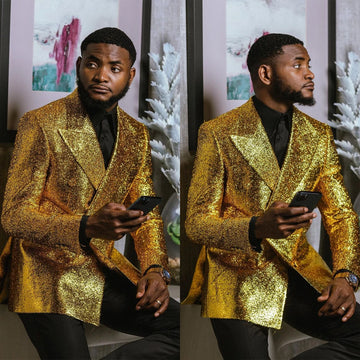 Trajes de hombre dorados brillantes de moda, nuevos y cómodos, hechos a medida, para novio, 2 piezas, abrigo, pantalón negro, para ocasiones formales, fiestas, cantantes, disfraces.