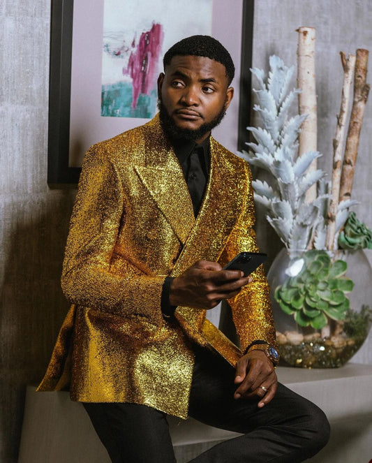 Trajes de hombre dorados brillantes de moda, nuevos y cómodos, hechos a medida, para novio, 2 piezas, abrigo, pantalón negro, para ocasiones formales, fiestas, cantantes, disfraces.