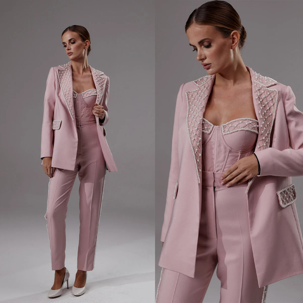 Elegante conjunto de blazer con cuentas de perlas para mujer: traje de 3 piezas a medida para fiestas, graduaciones y bodas.
