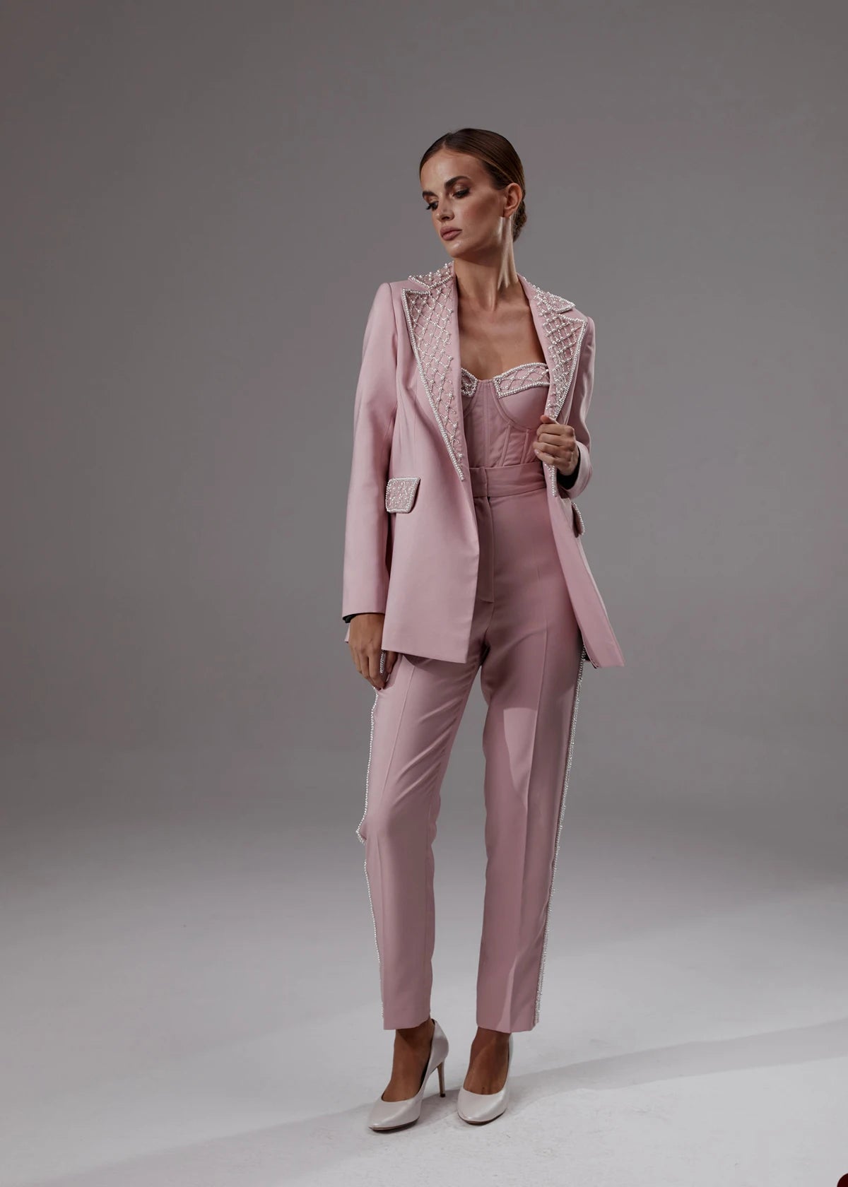 Elegant Pearl Beaded Blazer Set for Women - 3 Piece Custom Tailored Outfit for Party, Prom, and Wedding Events