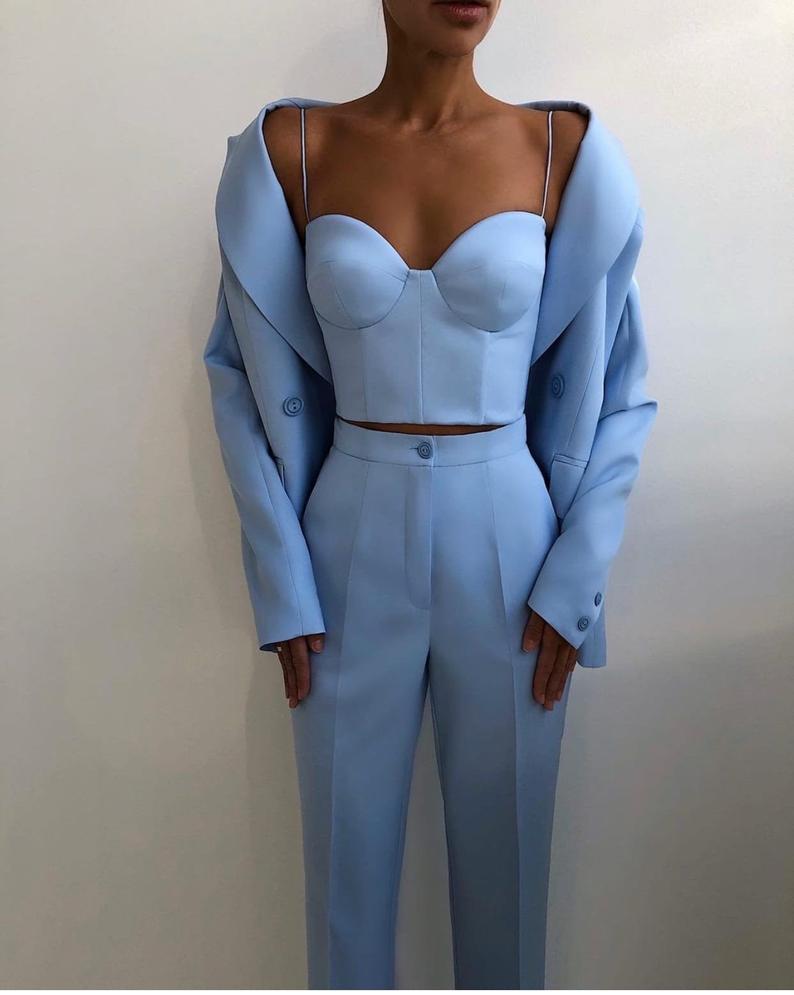 Trajes de novia azul cielo para damas, con chaqueta y pantalón, de manga larga, para ocasiones informales, fiestas de noche y bodas. 