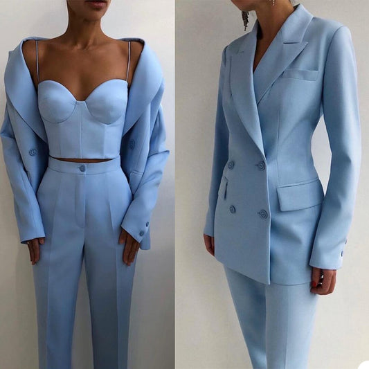 Costume de mariée bleu ciel à manches longues pour femme, tenue de soirée décontractée, tenue de mariage (veste + pantalon) 