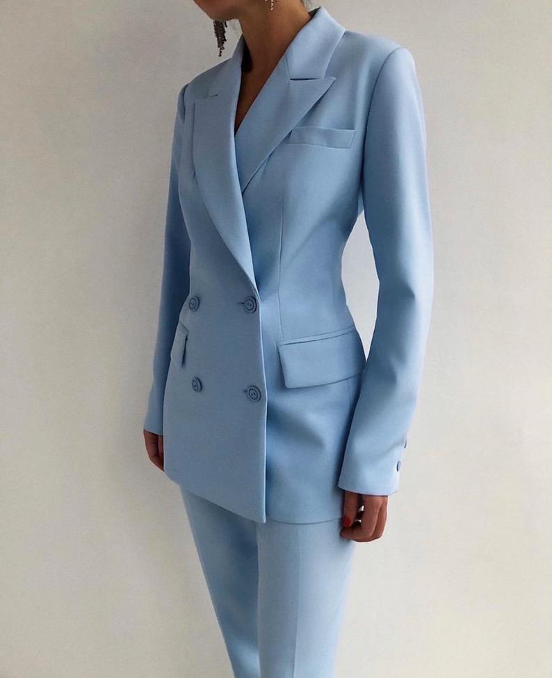 Trajes de novia azul cielo para damas, con chaqueta y pantalón, de manga larga, para ocasiones informales, fiestas de noche y bodas. 