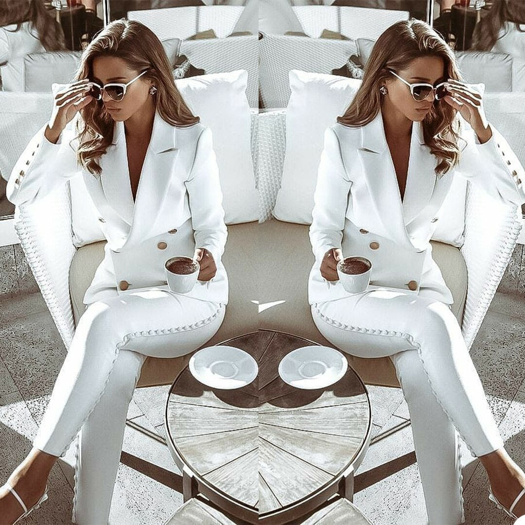 Ensemble 2 pièces slim fit avec double boutonnage doré, tenue de loisirs, soirée, mère de la mariée, mariage 