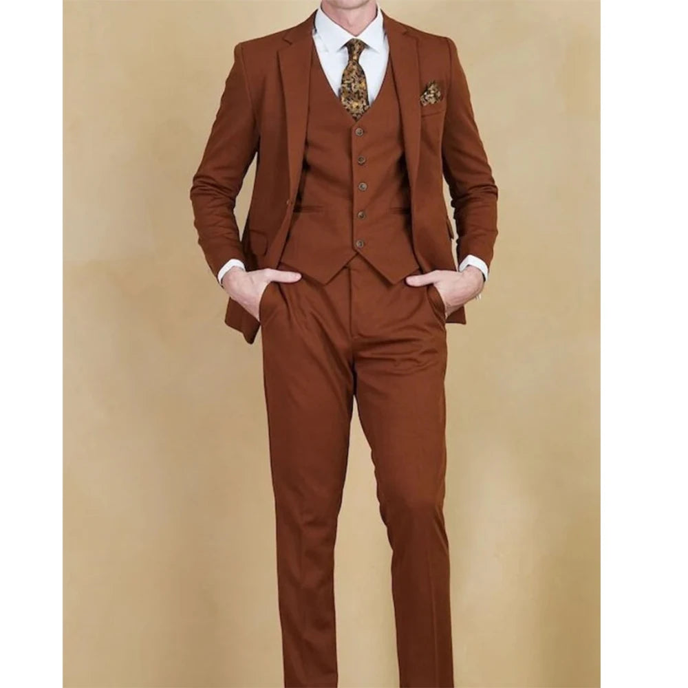 Trajes de moda de color liso para hombre, de lujo, ajustados, de 3 piezas, chaqueta, pantalón, chaleco, ropa de boda, ajustados, para caballeros.