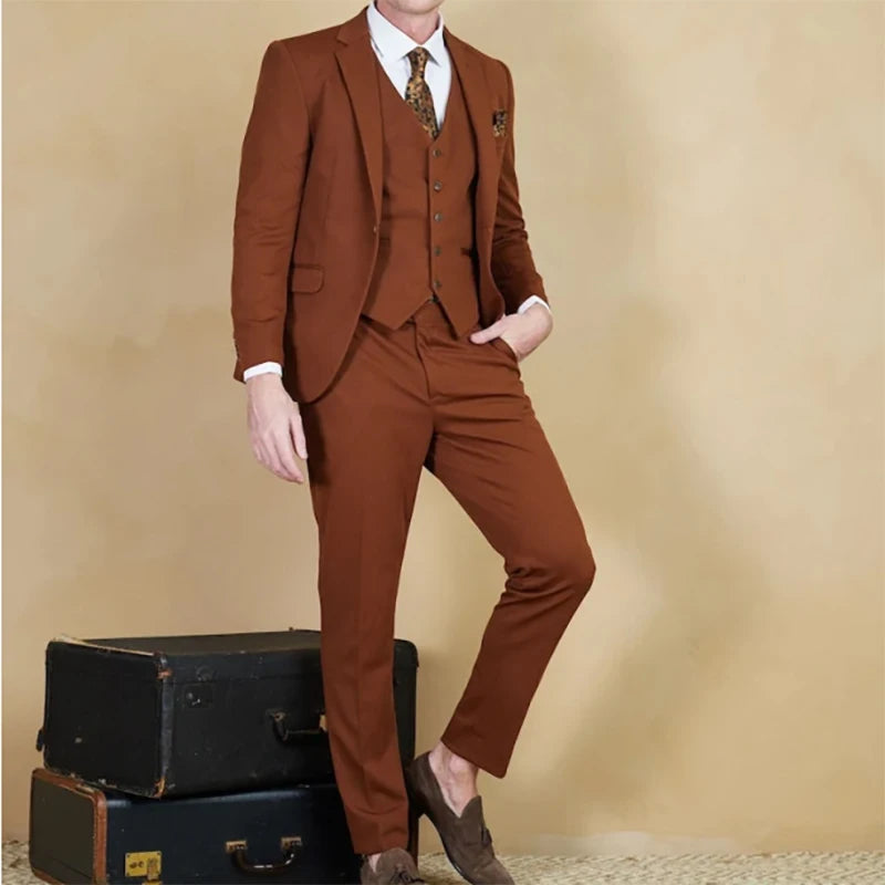 Trajes de moda de color liso para hombre, de lujo, ajustados, de 3 piezas, chaqueta, pantalón, chaleco, ropa de boda, ajustados, para caballeros.